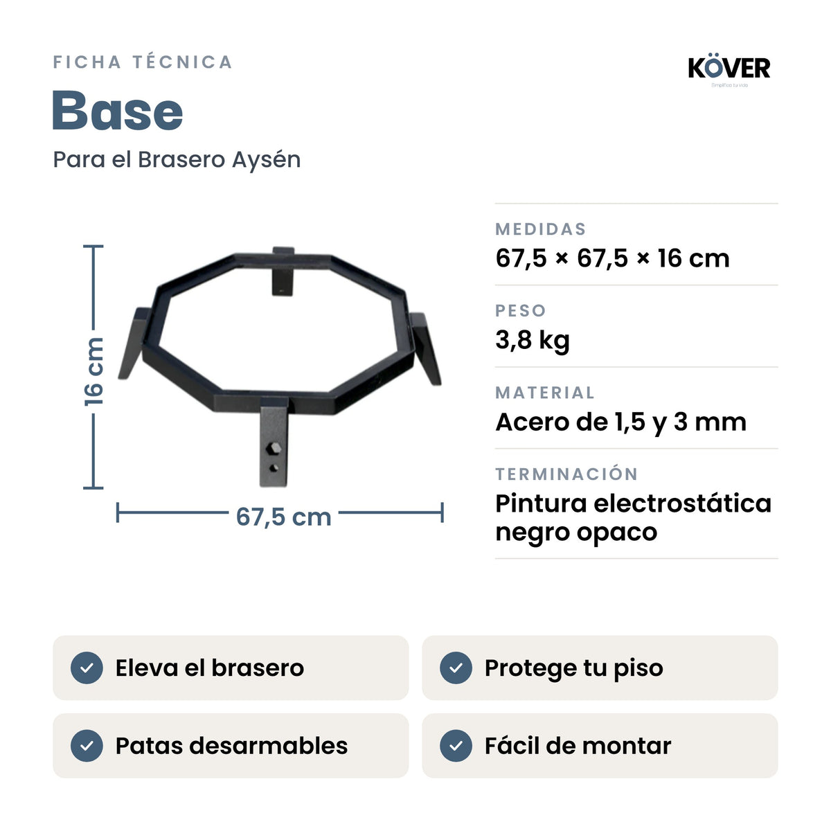 Base de acero para brasero sin humo Aysén – ficha técnica con medidas, peso y material