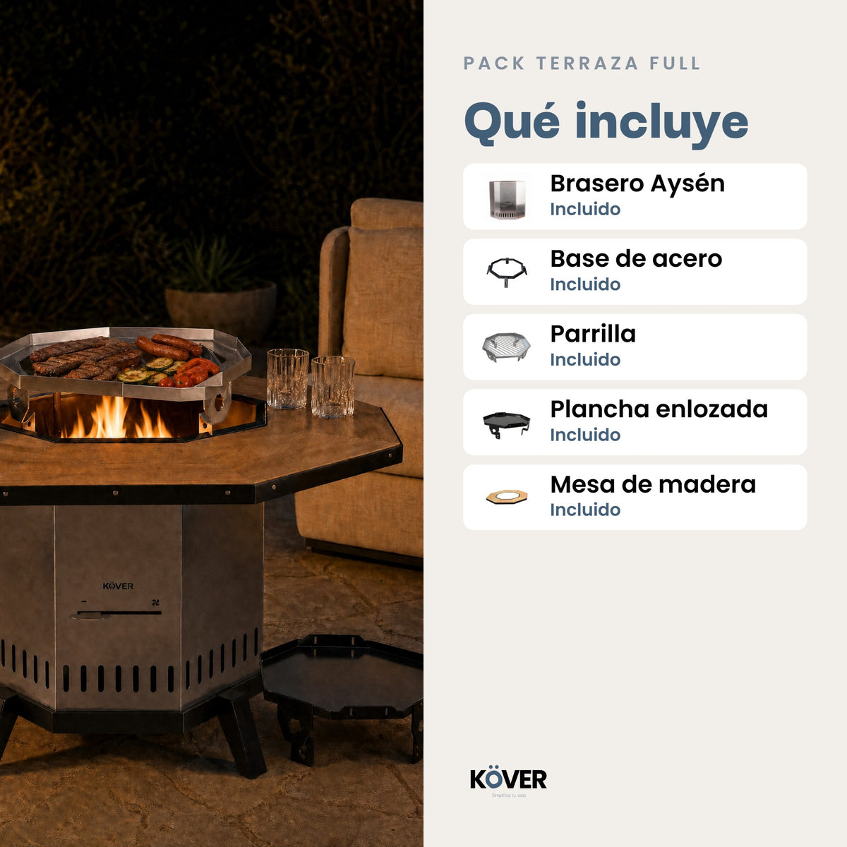 Pack Terraza Full: brasero sin humo Aysén con base, parrilla, plancha enlozada y mesa de madera – qué incluye