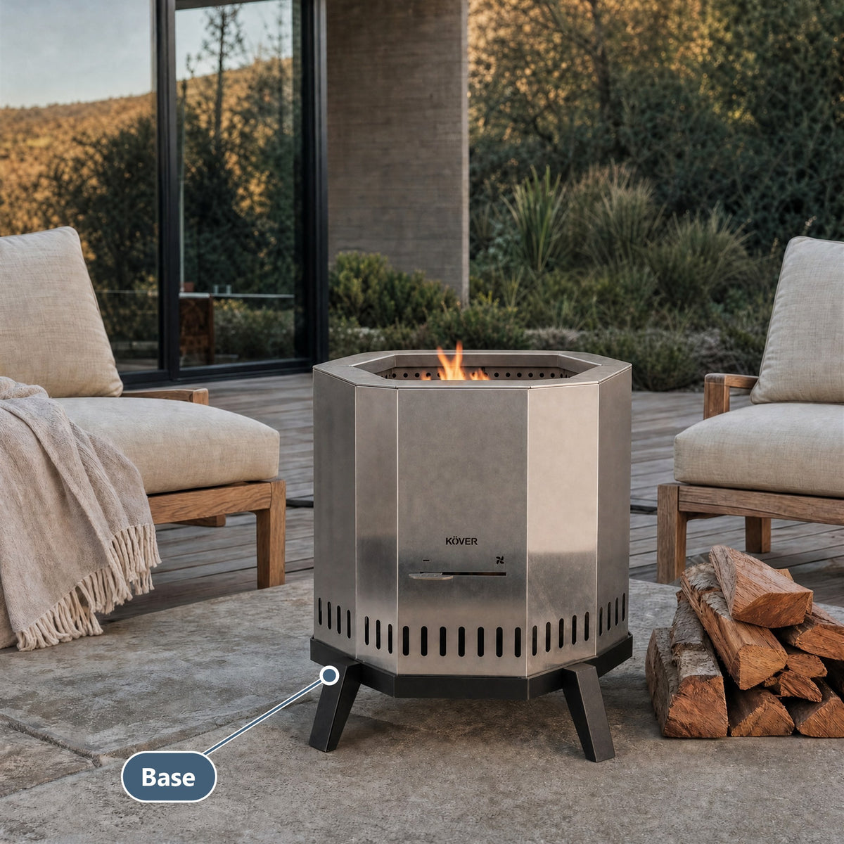 Base de acero para brasero sin humo Aysén – brasero con base en una terraza