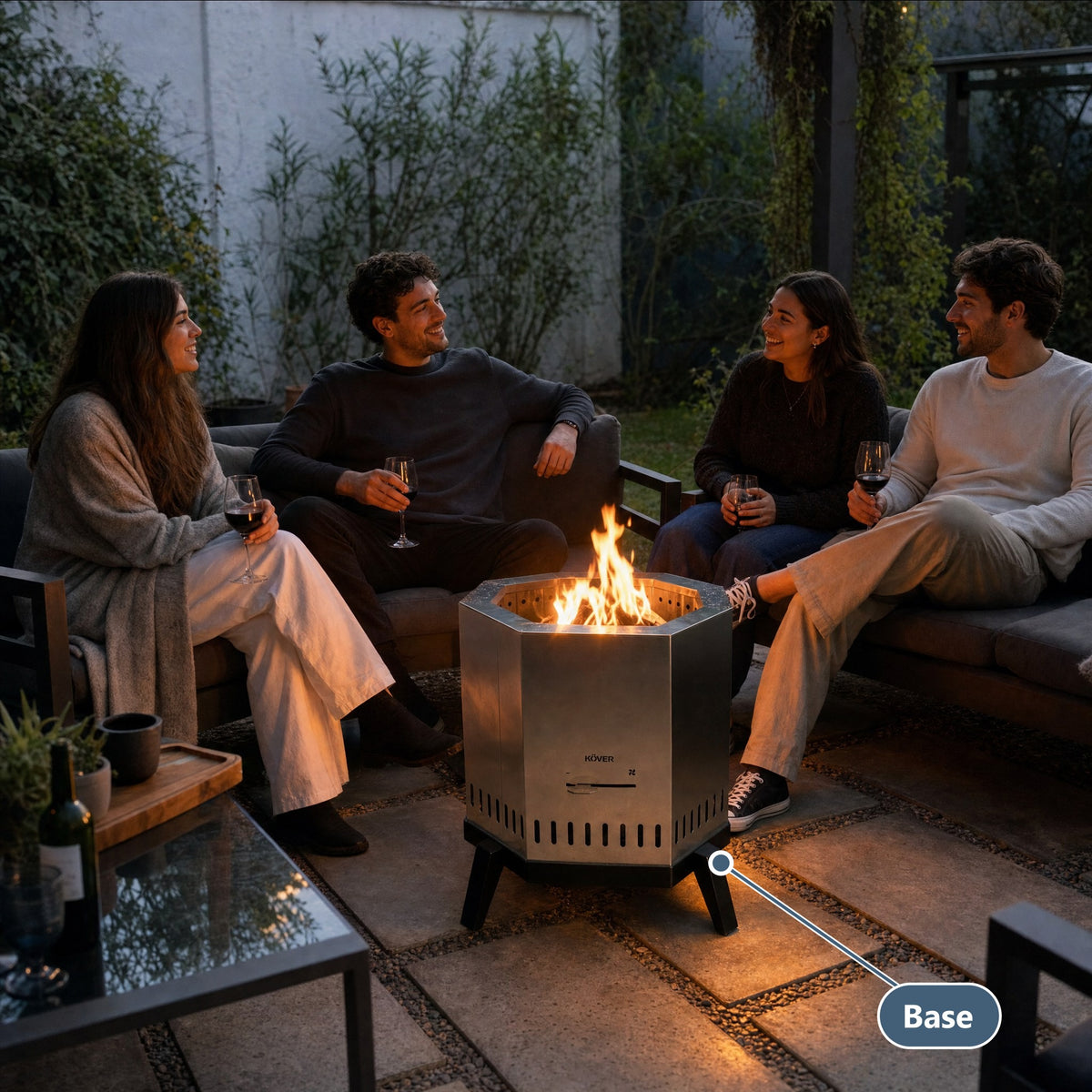 Base de acero para brasero sin humo Aysén – amigos alrededor del brasero en un patio