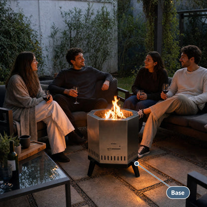 Base de acero para brasero sin humo Aysén – amigos alrededor del brasero en un patio