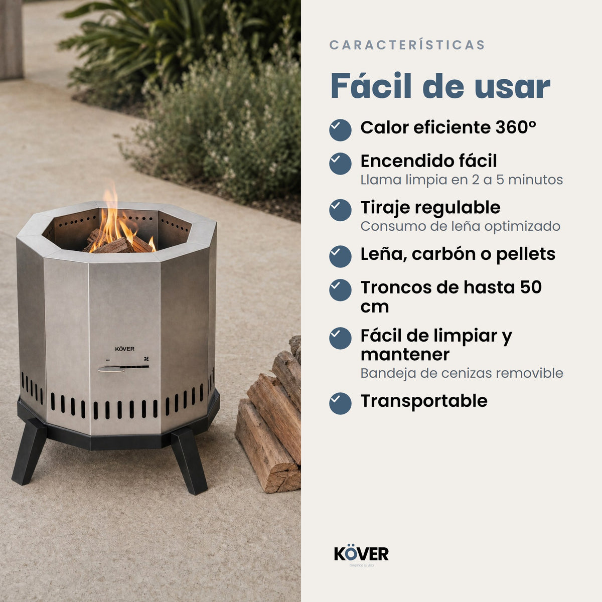 Brasero sin humo Aysén – características: calor 360°, leña, carbón o pellets