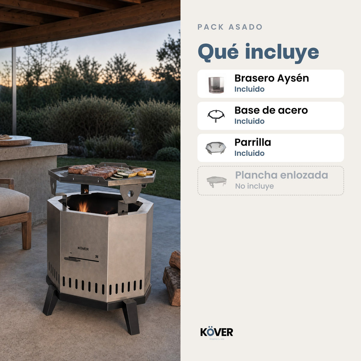Pack Asado: brasero sin humo Aysén con base y parrilla – qué incluye