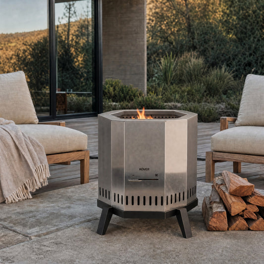 Brasero sin humo Aysén – encendido en una terraza con sillones