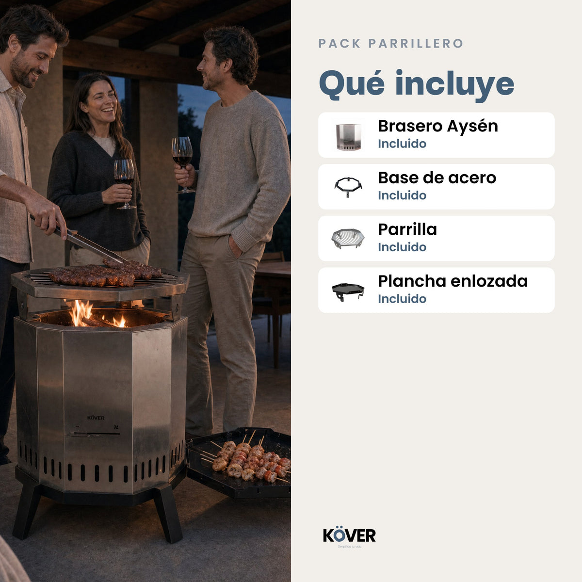 Pack Parrillero: brasero sin humo Aysén con base, parrilla y plancha enlozada – qué incluye