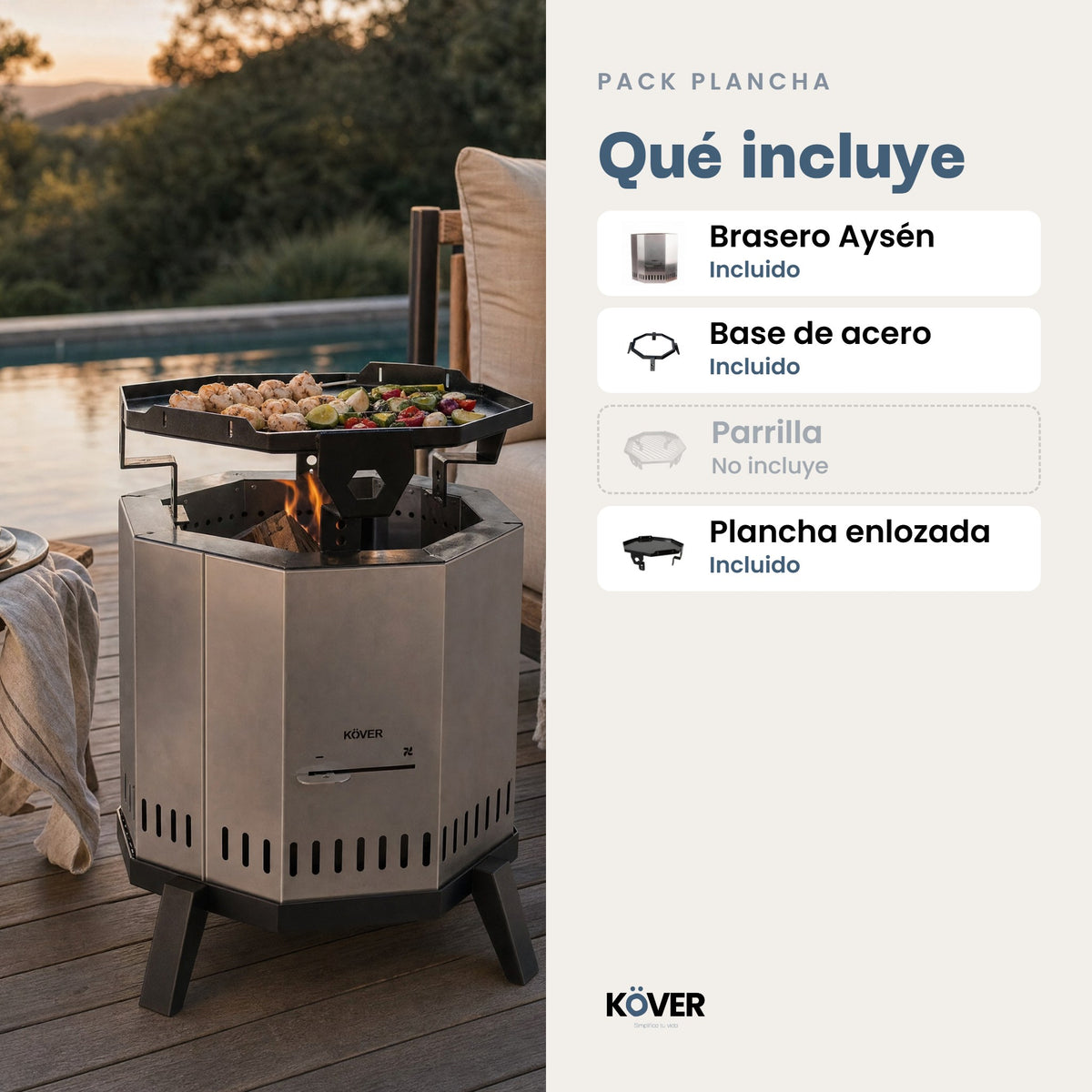 Pack Plancha: brasero sin humo Aysén con base y plancha enlozada – qué incluye