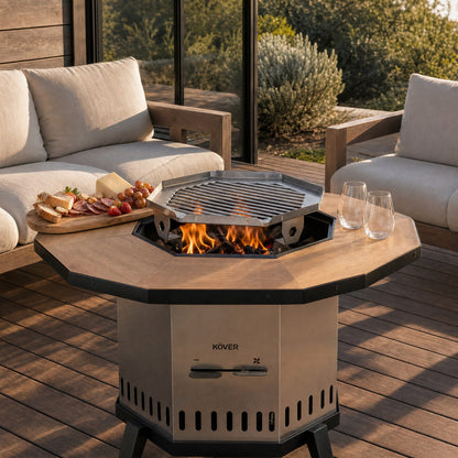 Pack Terraza – brasero sin humo Aysén con mesa de madera en un deck
