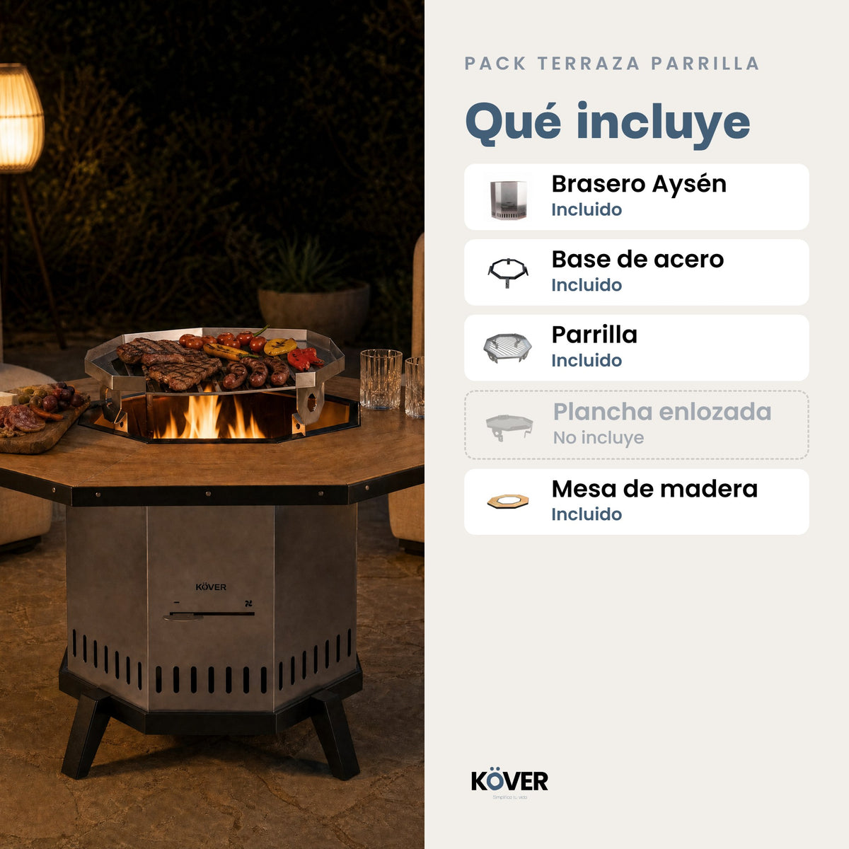 Pack Terraza Parrilla: brasero sin humo Aysén con base, parrilla y mesa de madera – qué incluye