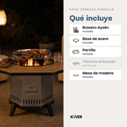 Pack Terraza Parrilla: brasero sin humo Aysén con base, parrilla y mesa de madera – qué incluye