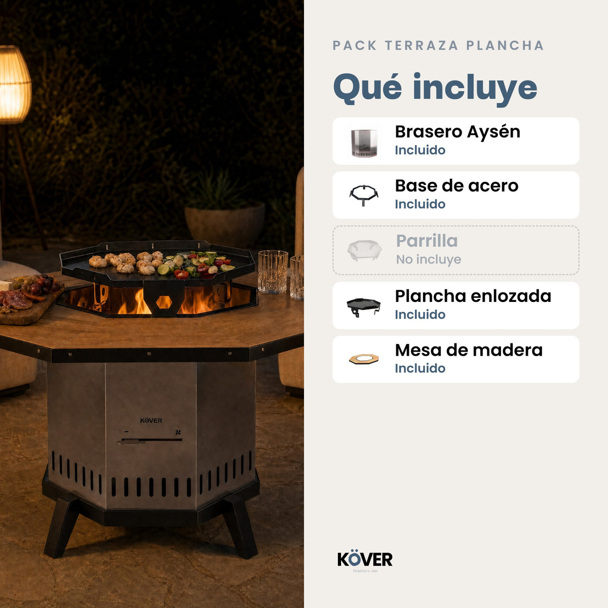 Pack Terraza Plancha: brasero sin humo Aysén con base, plancha enlozada y mesa de madera – qué incluye
