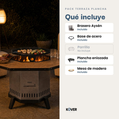 Pack Terraza Plancha: brasero sin humo Aysén con base, plancha enlozada y mesa de madera – qué incluye
