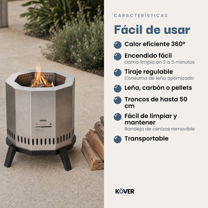 Brasero sin humo Aysén – características: calor 360°, leña, carbón o pellets