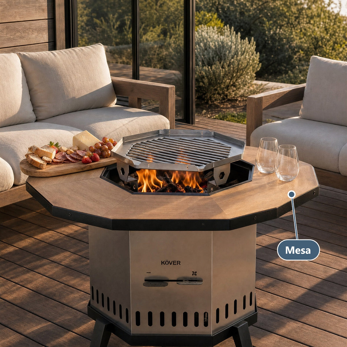 Mesa para brasero sin humo Aysén – montada en una terraza