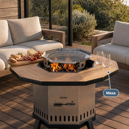 Mesa para brasero sin humo Aysén – montada en una terraza