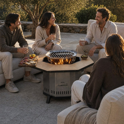 Mesa para brasero sin humo Aysén – amigos conversando alrededor del fuego
