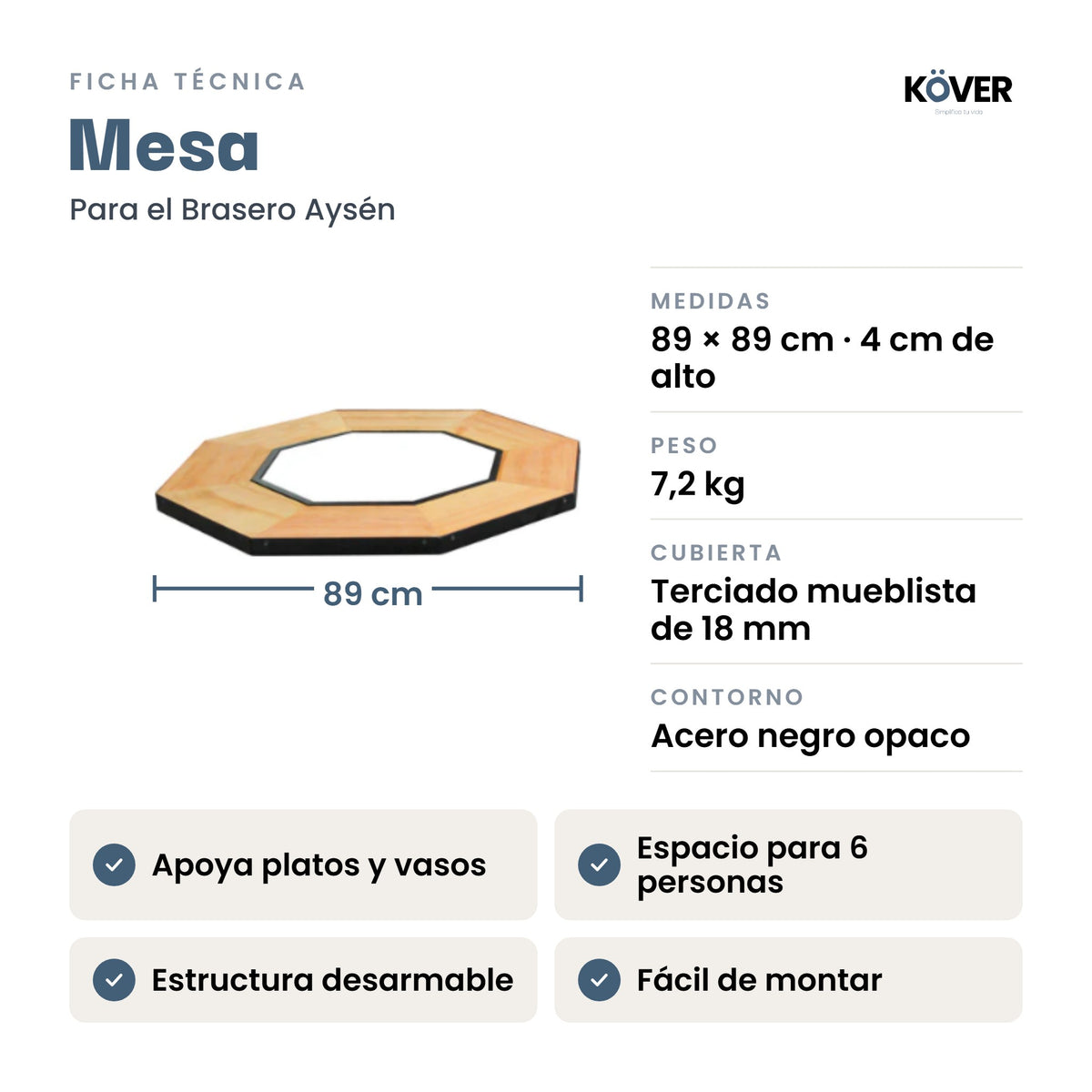 Mesa para brasero sin humo Aysén – ficha técnica con medidas, peso y material