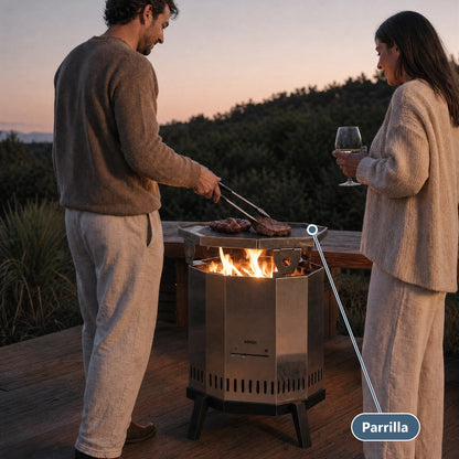 Parrilla para brasero sin humo Aysén – pareja asando en una terraza al atardecer