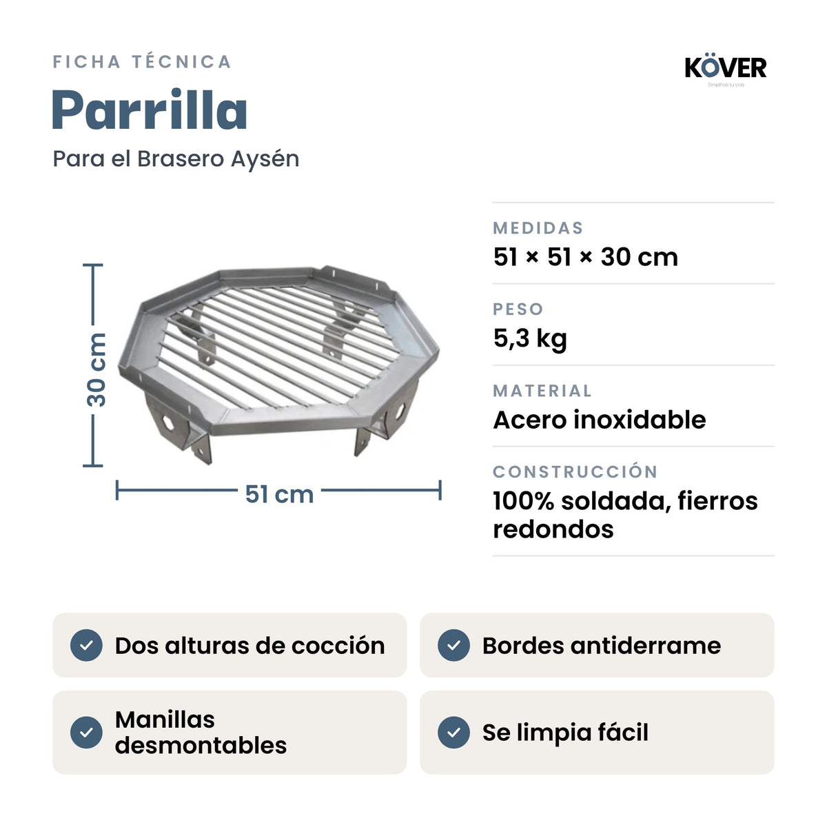 Parrilla para brasero sin humo Aysén – ficha técnica con medidas, peso y material