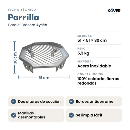 Parrilla para brasero sin humo Aysén – ficha técnica con medidas, peso y material