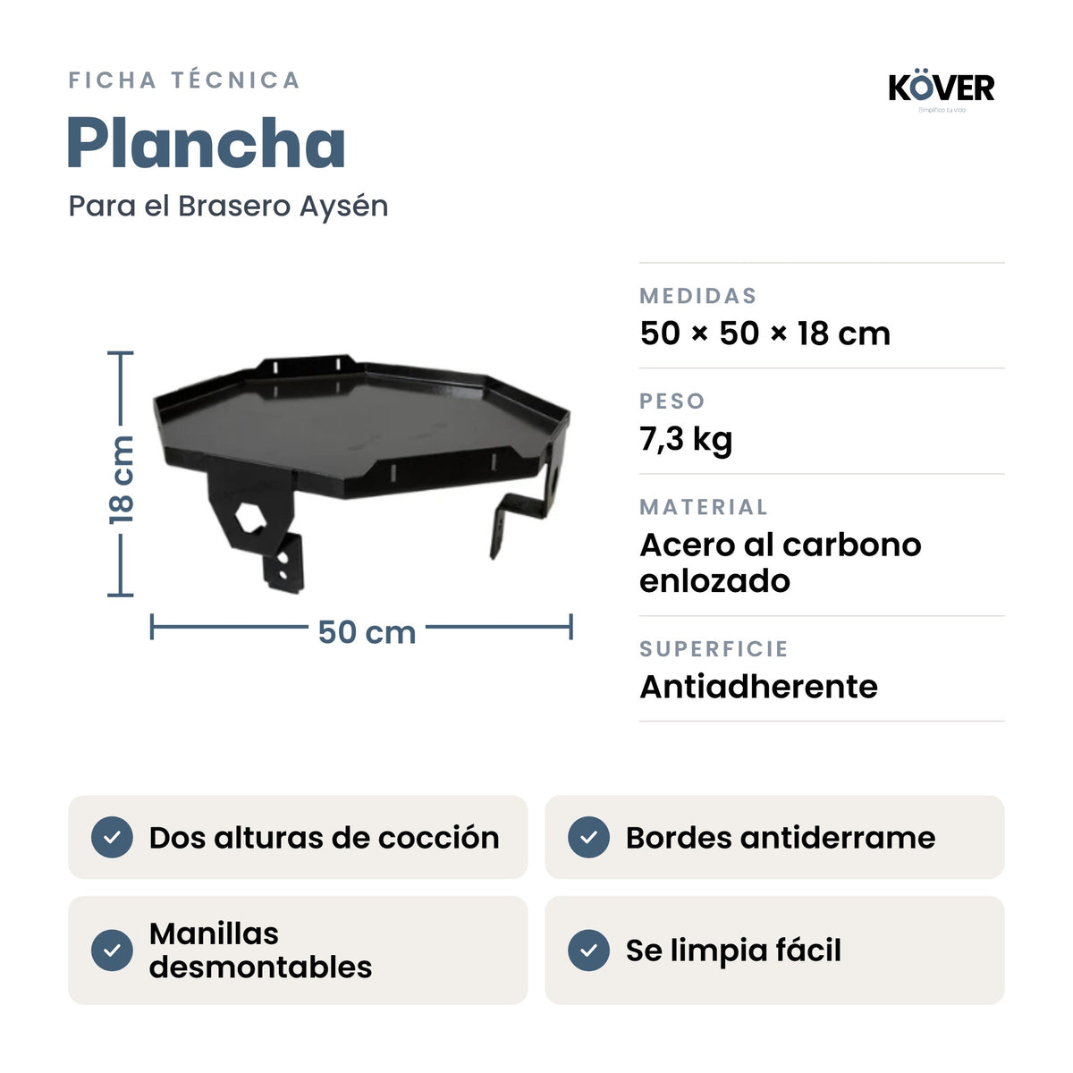 Plancha para brasero sin humo Aysén – ficha técnica con medidas, peso y material