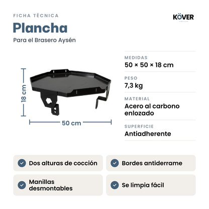 Plancha para brasero sin humo Aysén – ficha técnica con medidas, peso y material
